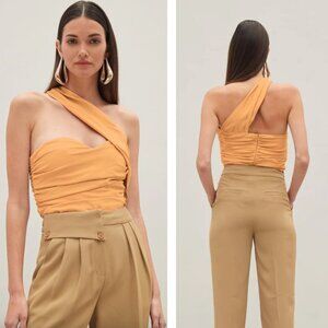 Atoir Never Really Over Bodysuit in Mango Asymmetrical One Shoulder Ruched